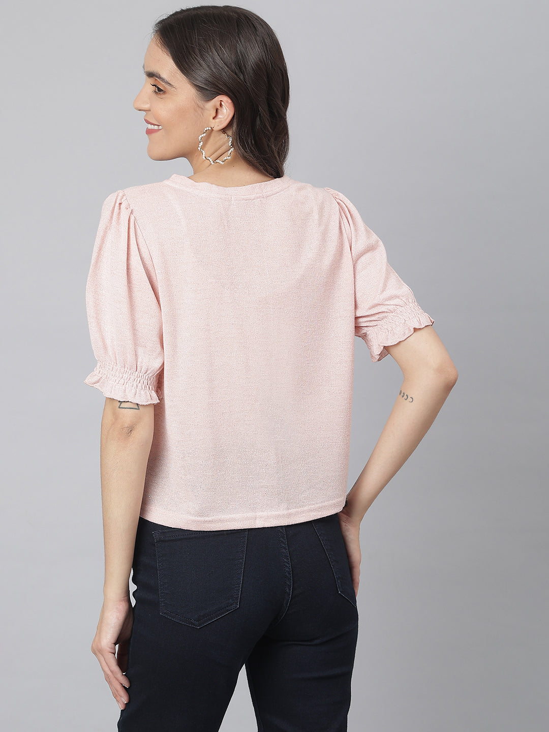 Pink Round Neck Poly Blend Star Studded Knitted Top