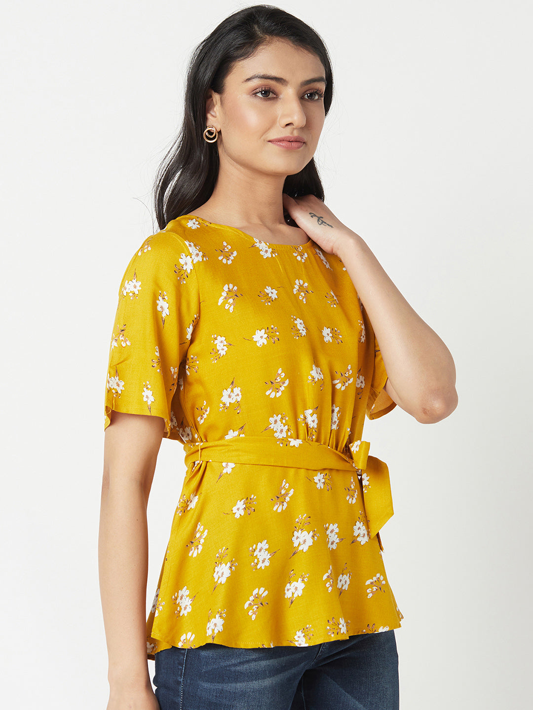 Mustard Round Neck Woven Cotton Rayon Top With Belt