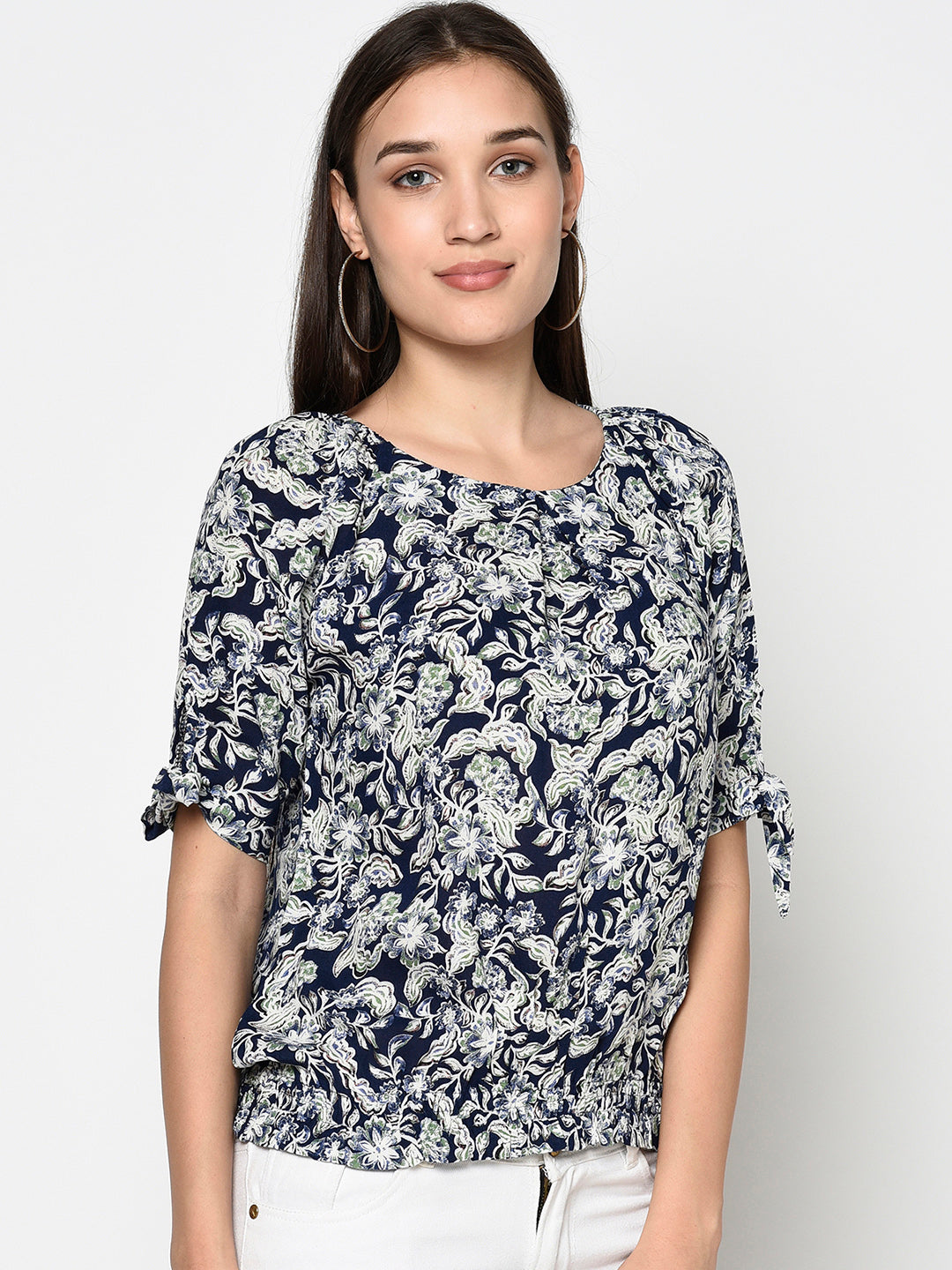 Navy Round Neck Woven Rayon Top With Elasticated Bottom