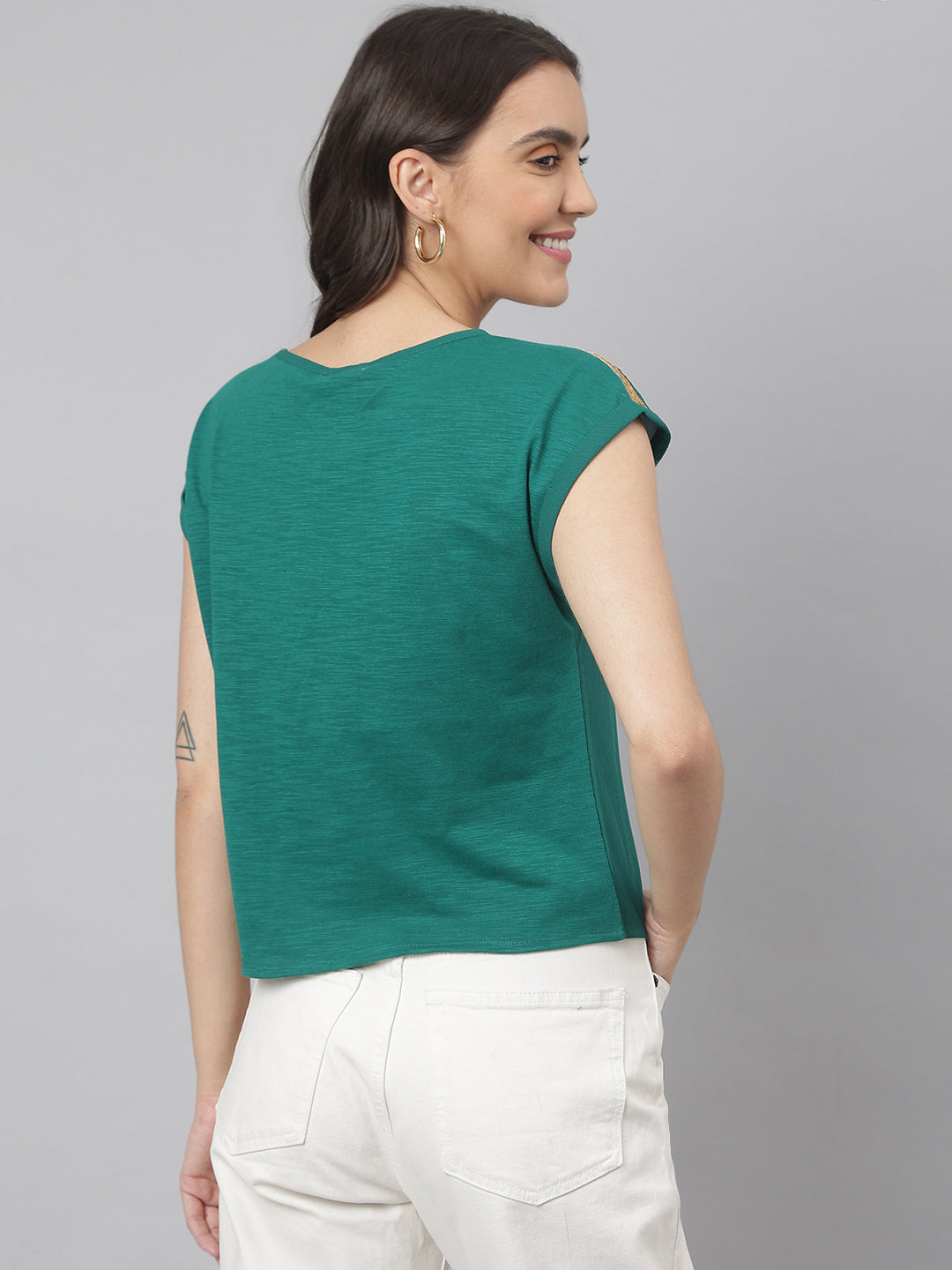 Green Short Top With Woven Front With Knitted Back & Shimmery Lace On Shoulder