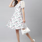 99422 - Off White Poly Blend Lycra Fabric Floral Printed Dress With Organza Sleeves