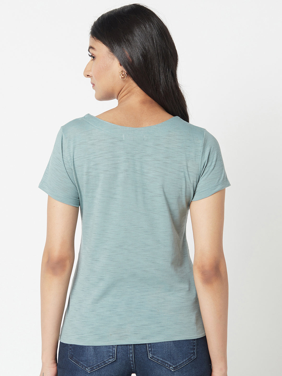 Green V Neck Cotton Top With Extended Side