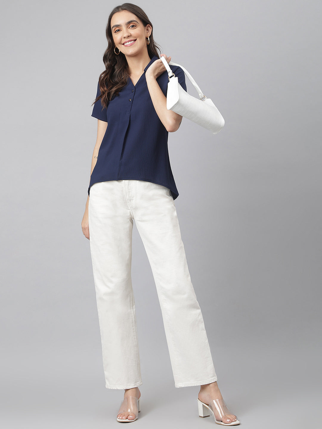 Navy V Neck Two Button Collared Top