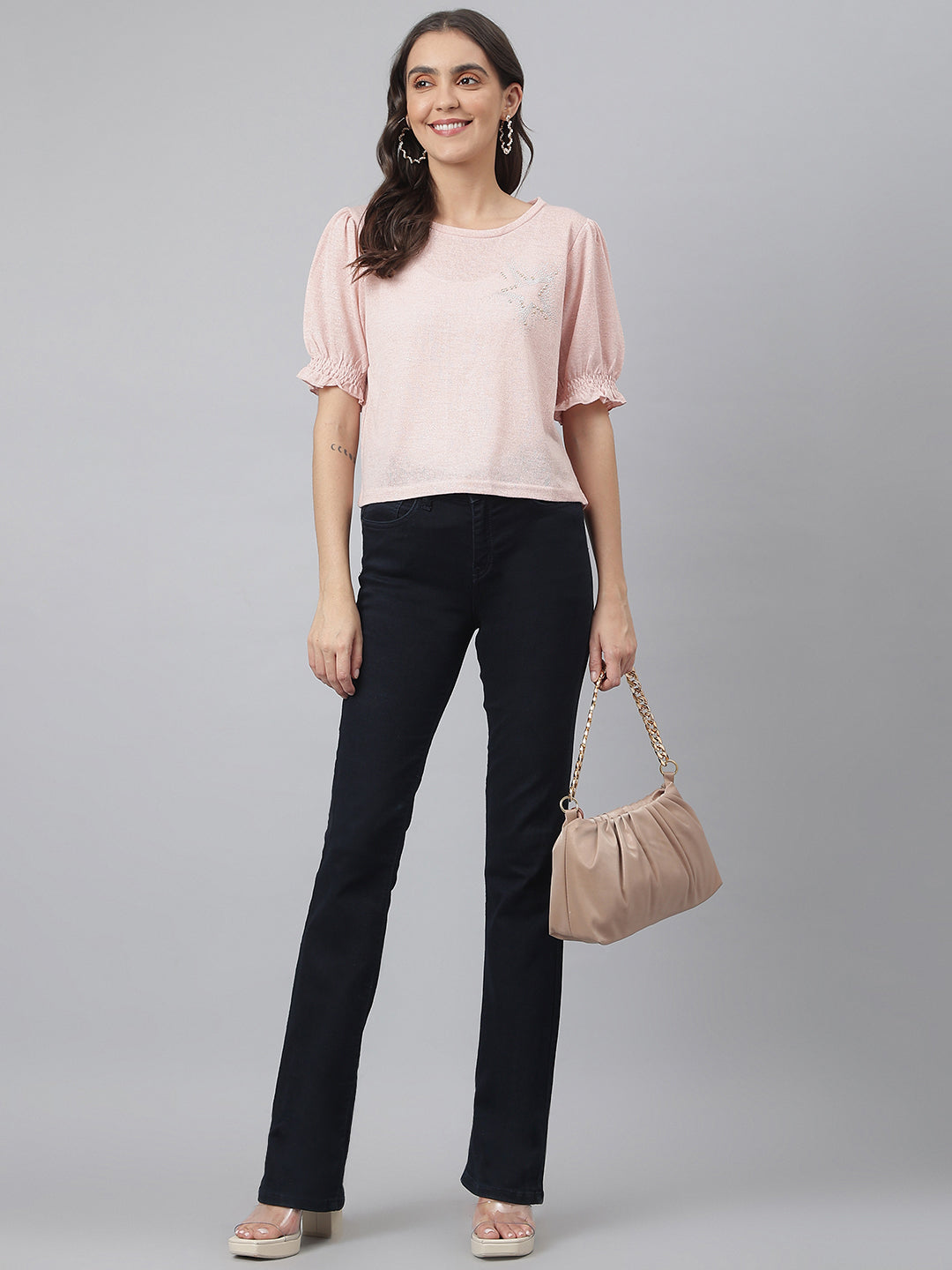 Pink Round Neck Poly Blend Star Studded Knitted Top