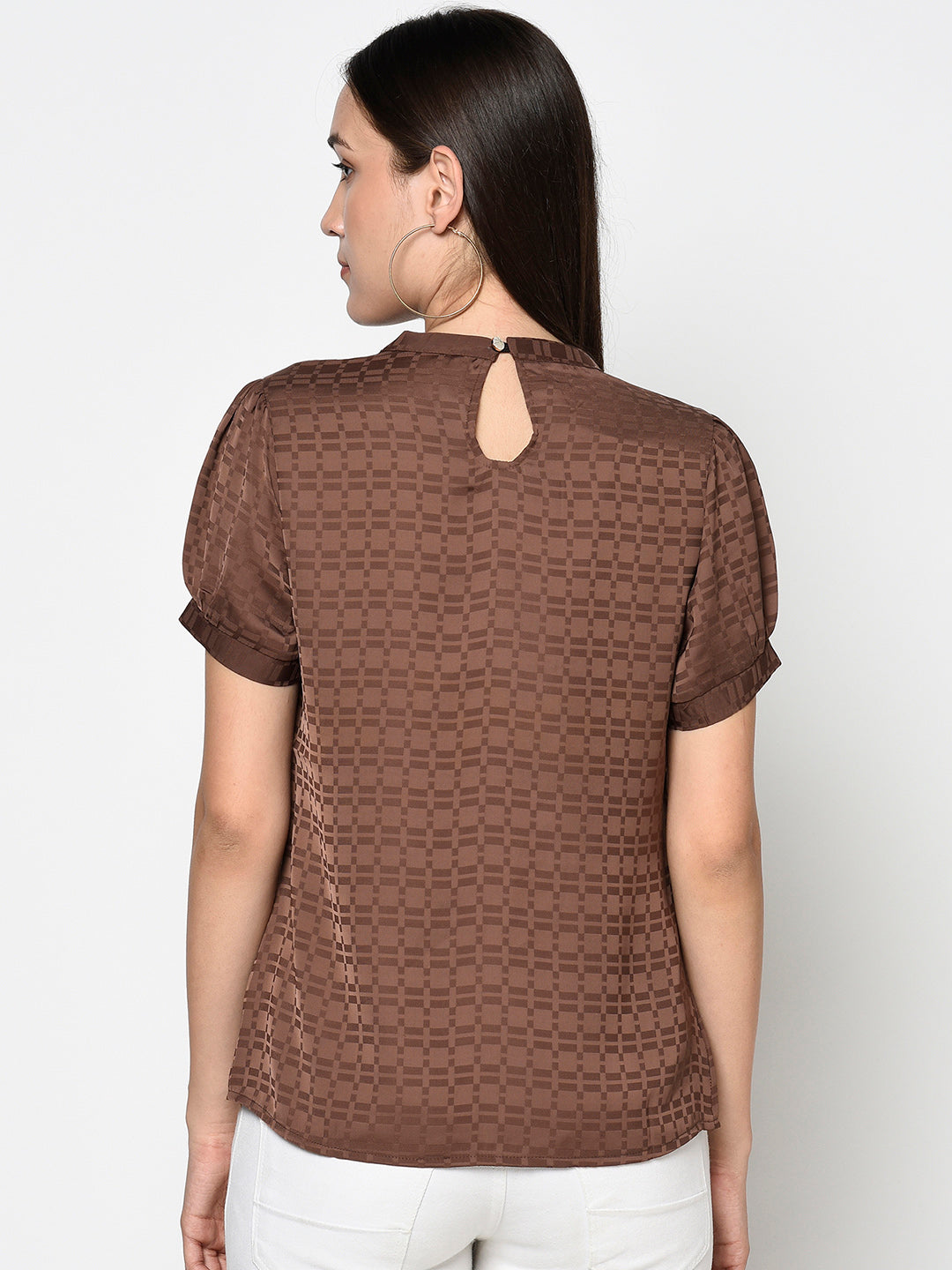 Brown Round Neck Woven Top