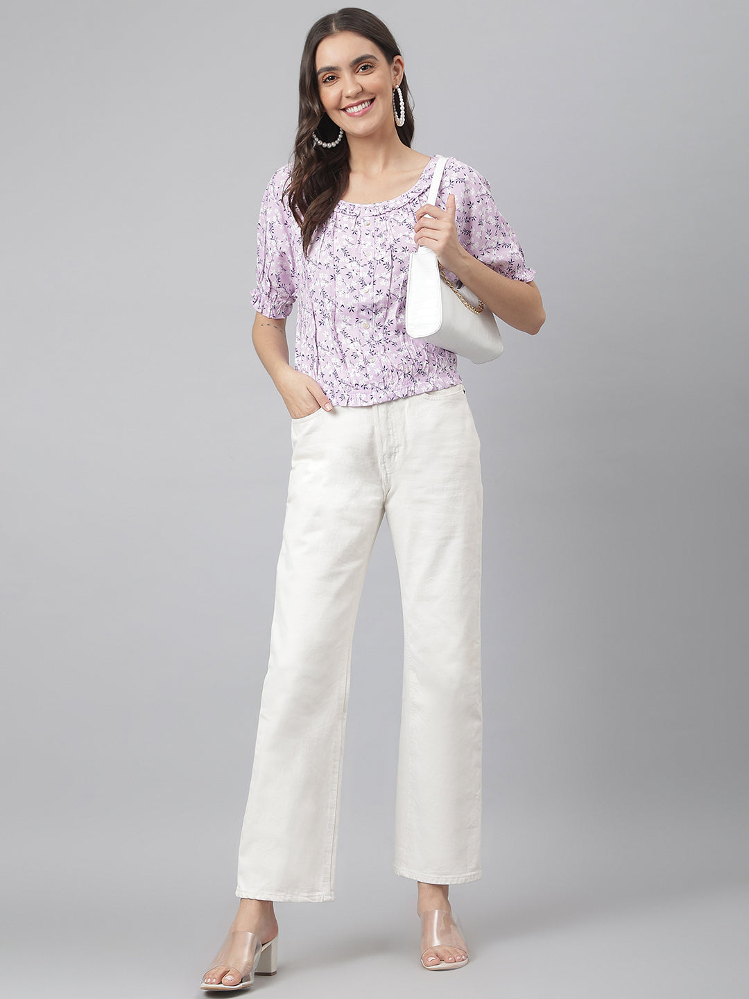 32143 Lavander Floral Top With Elasticated Waist Band In A Cool Feel Fabric
