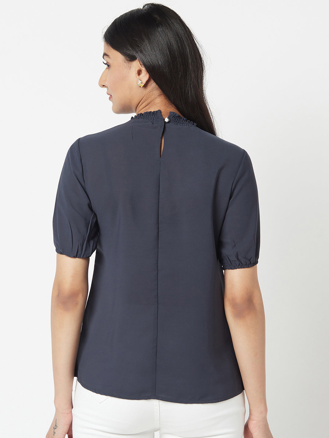 Navy Round Neck Embroidered Top