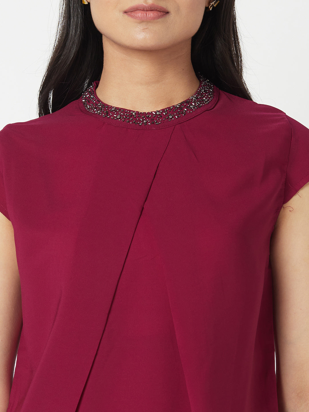 Fuchsia Round Neck hand Embroidered Formal Top