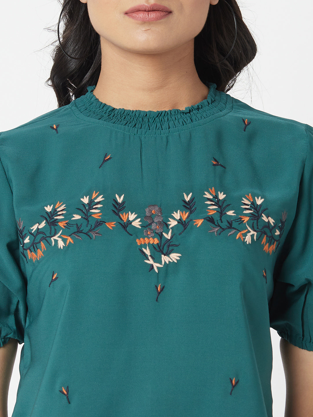 Green Round Neck Embroidered Top