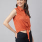 Rust Cotton Blend Self Printed Floral Front Buttoned Knotted Shirt Top