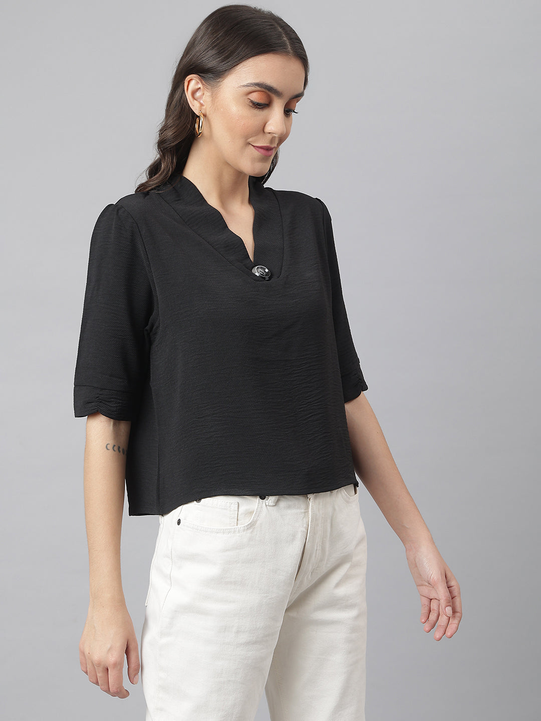 Black V Neck Poly Blend Formal Top With Elbow Sleeve