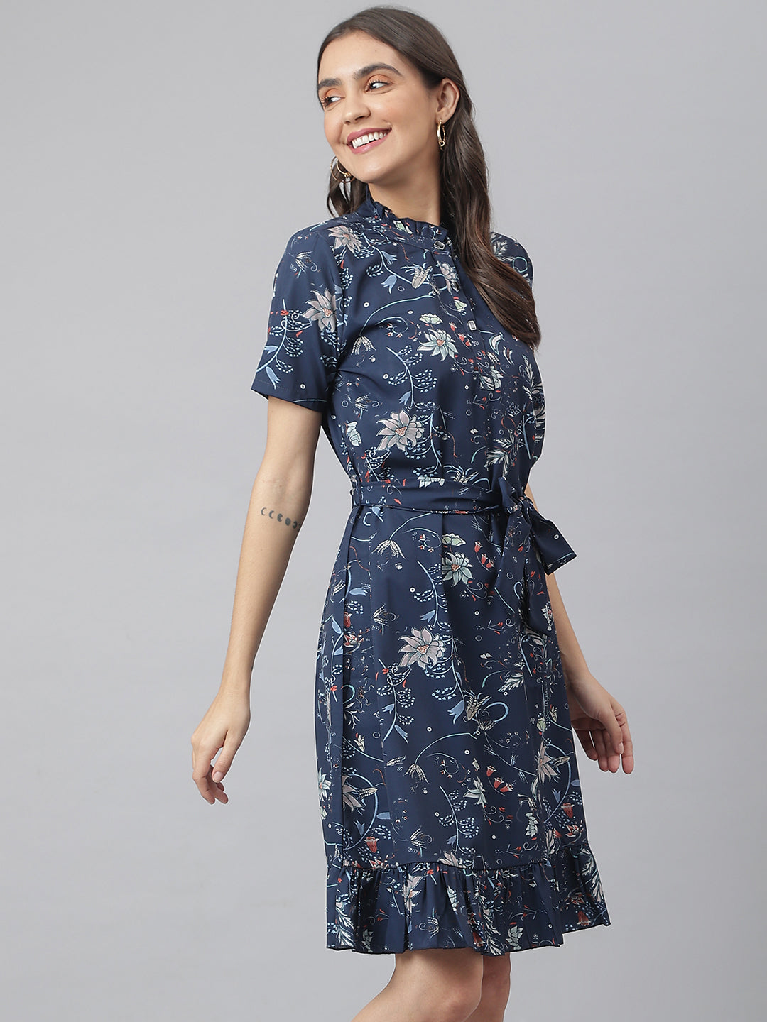 Navy Digital Printed Floral Dress