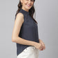 Navy Blue Gathered Neck Woven Top With Short Front & Long Back