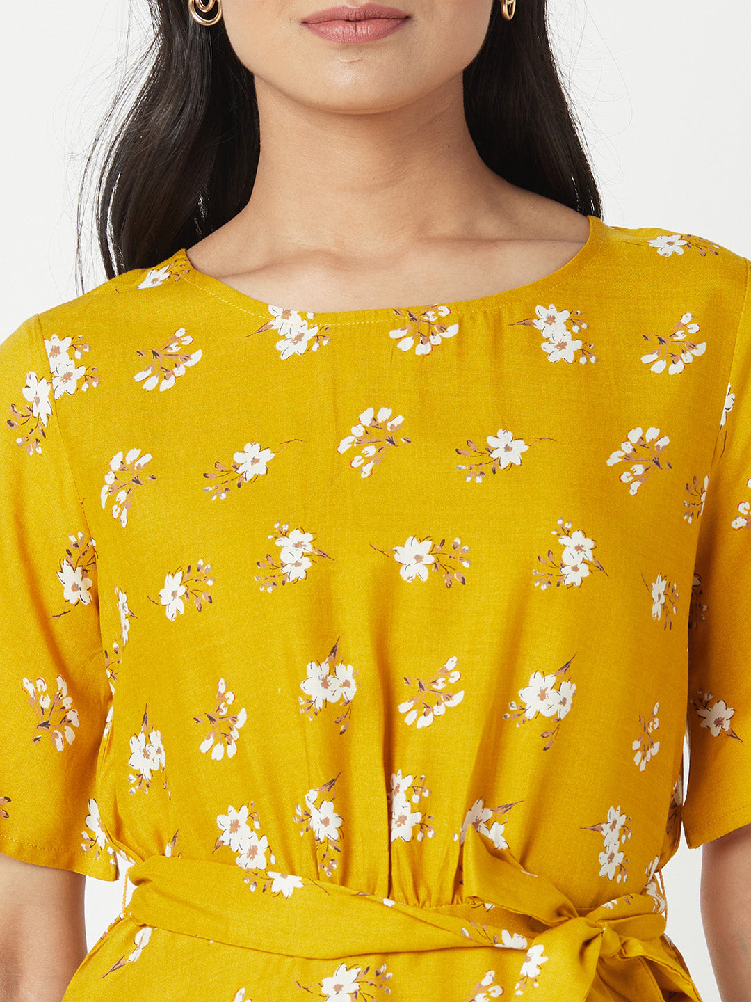 Mustard Round Neck Woven Cotton Rayon Top With Belt
