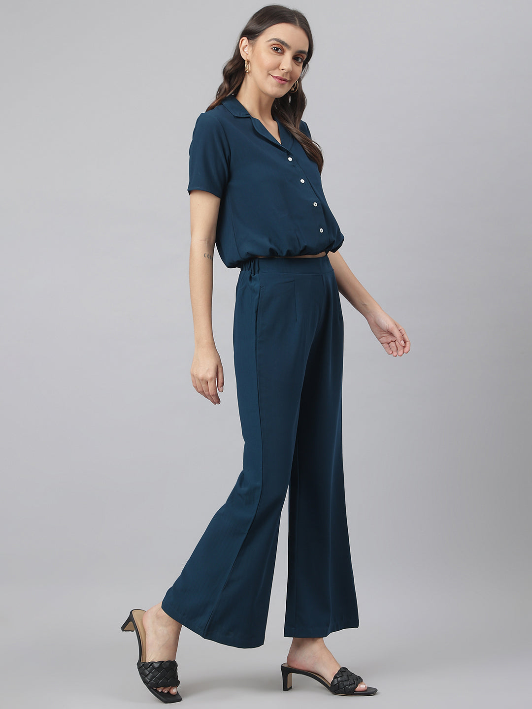 99291 - Navy V Neck Collared Co-ordinate Set With Bell Bottom