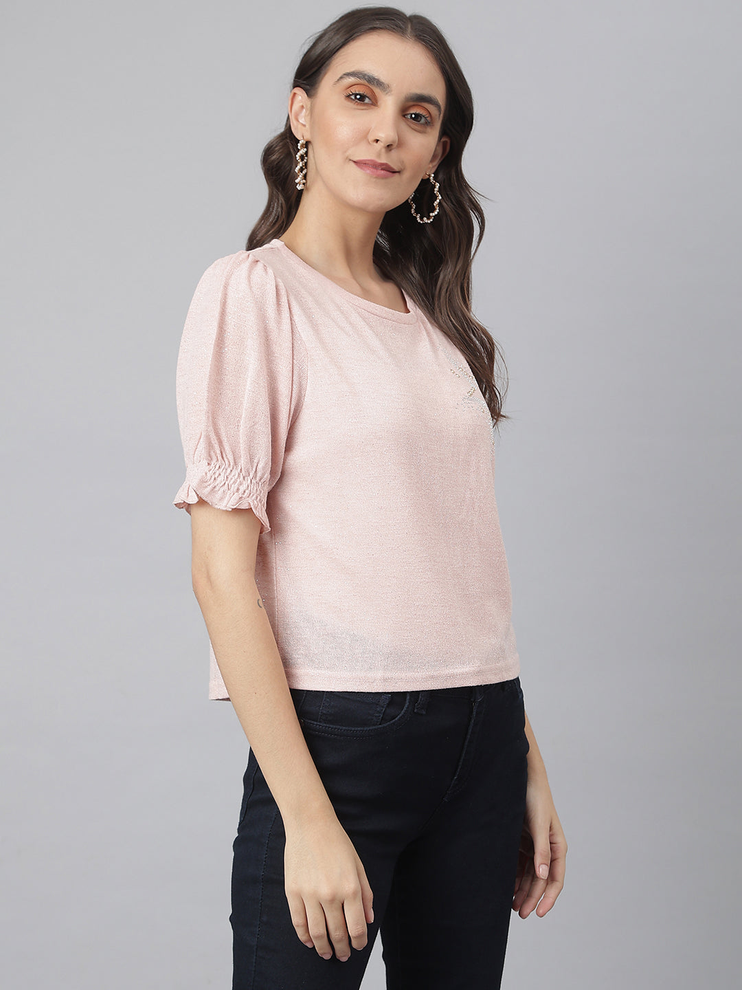 Pink Round Neck Poly Blend Star Studded Knitted Top