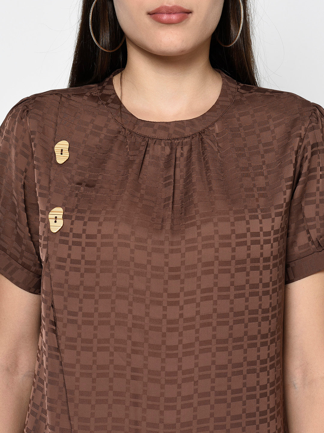Brown Round Neck Woven Top