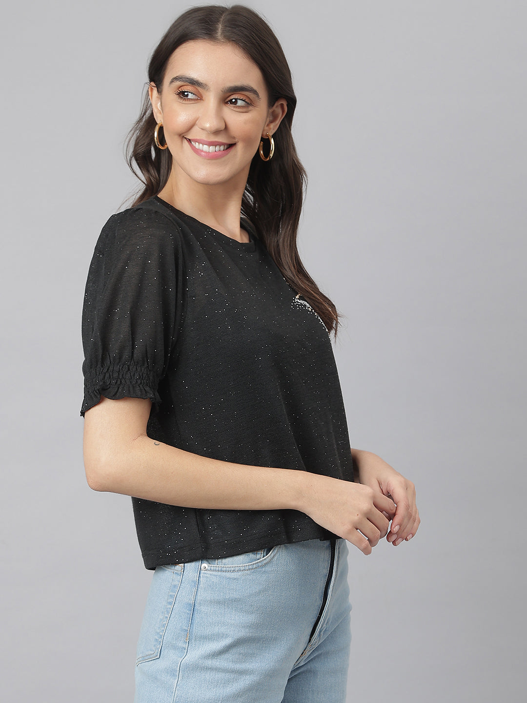 Black Round Neck Poly Blend Star Studded Knitted Top