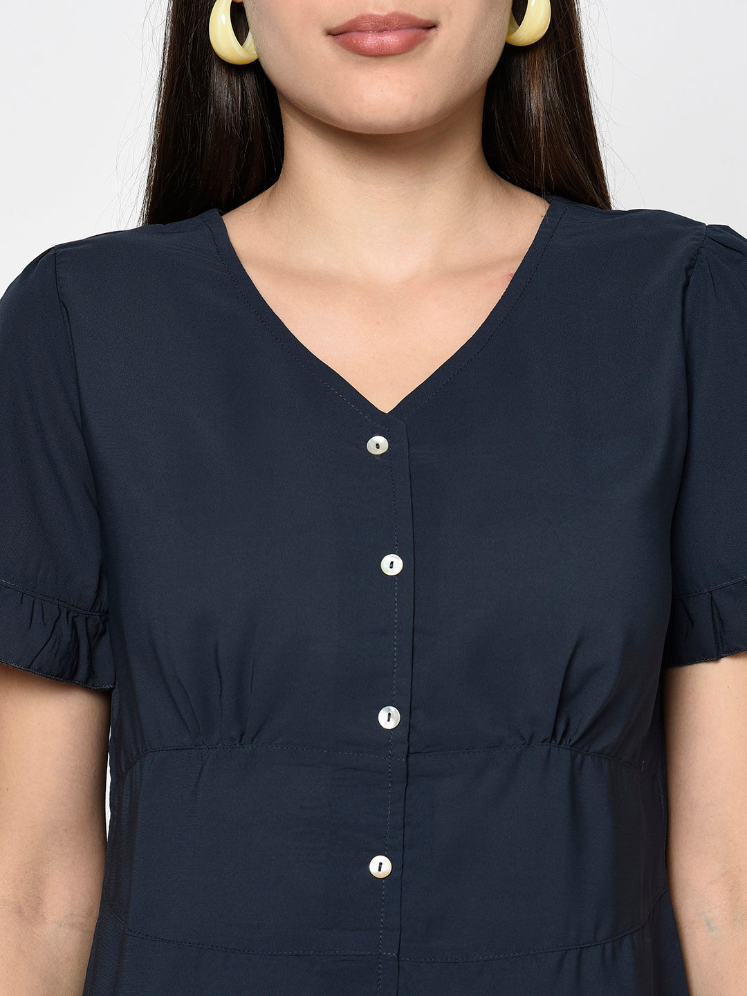 Navy Blue V Neck Buttoned Top