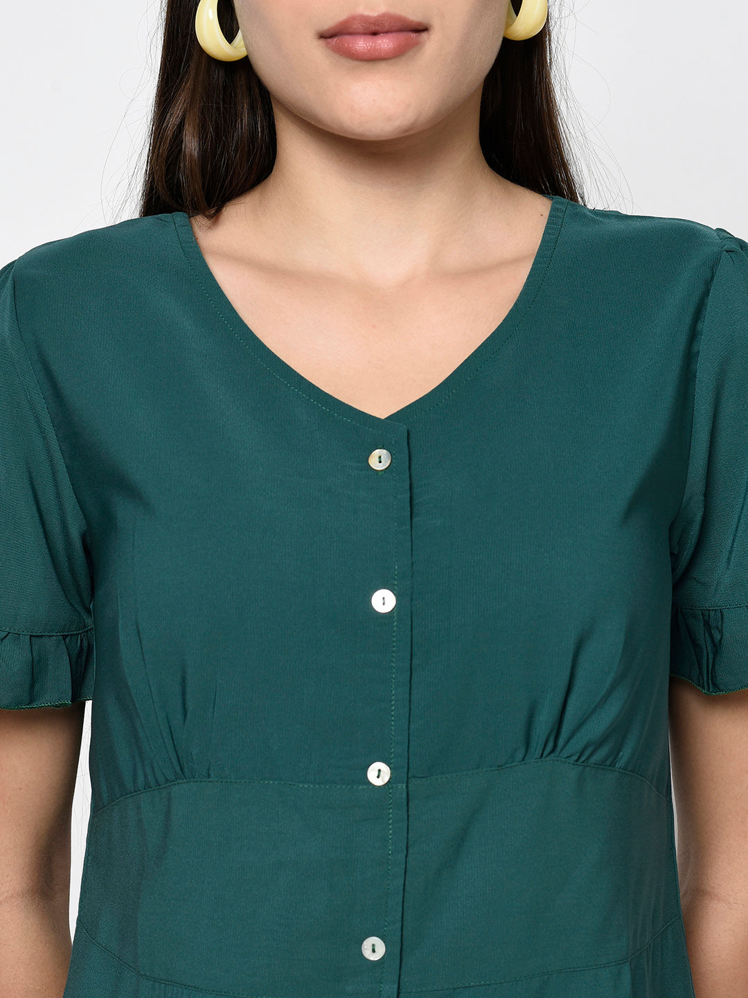 Green V Neck Buttoned Top