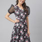 99422 - Black Poly Blend Lycra Fabric Floral Printed Dress With Organza Sleeves