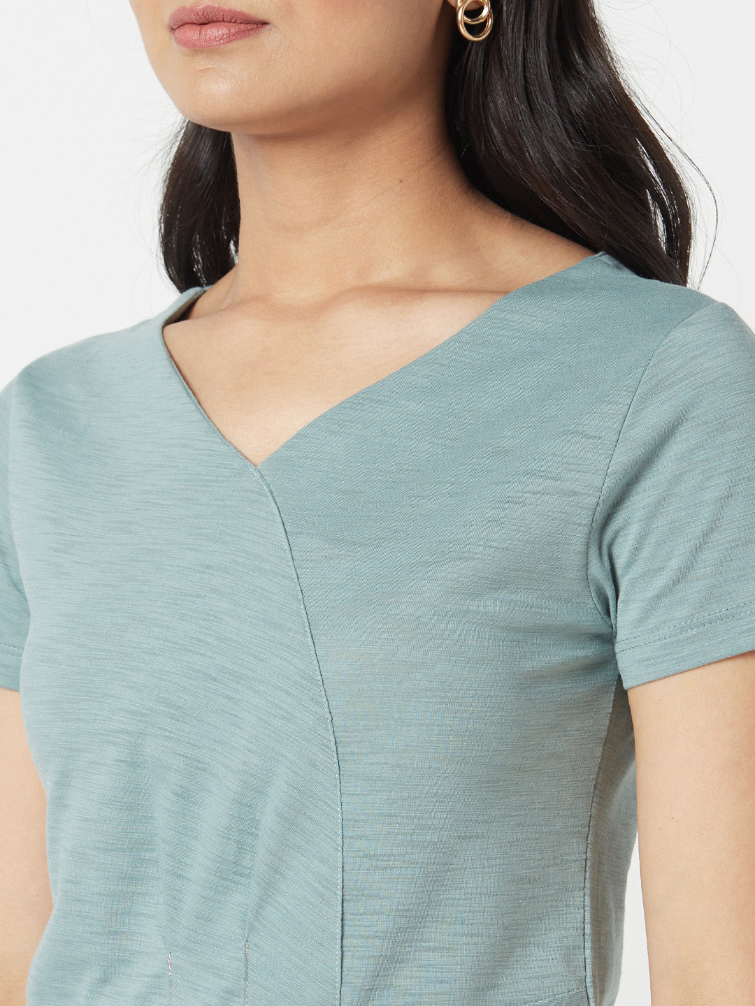 Green V Neck Cotton Top With Extended Side