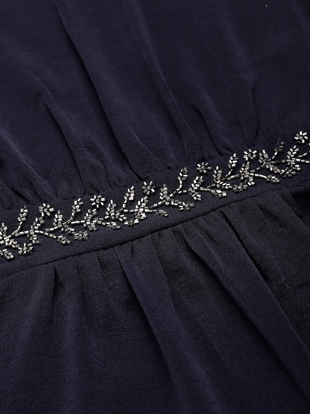 Navy Woven Formal Dress With Embroidered Waist Band & Side Zip