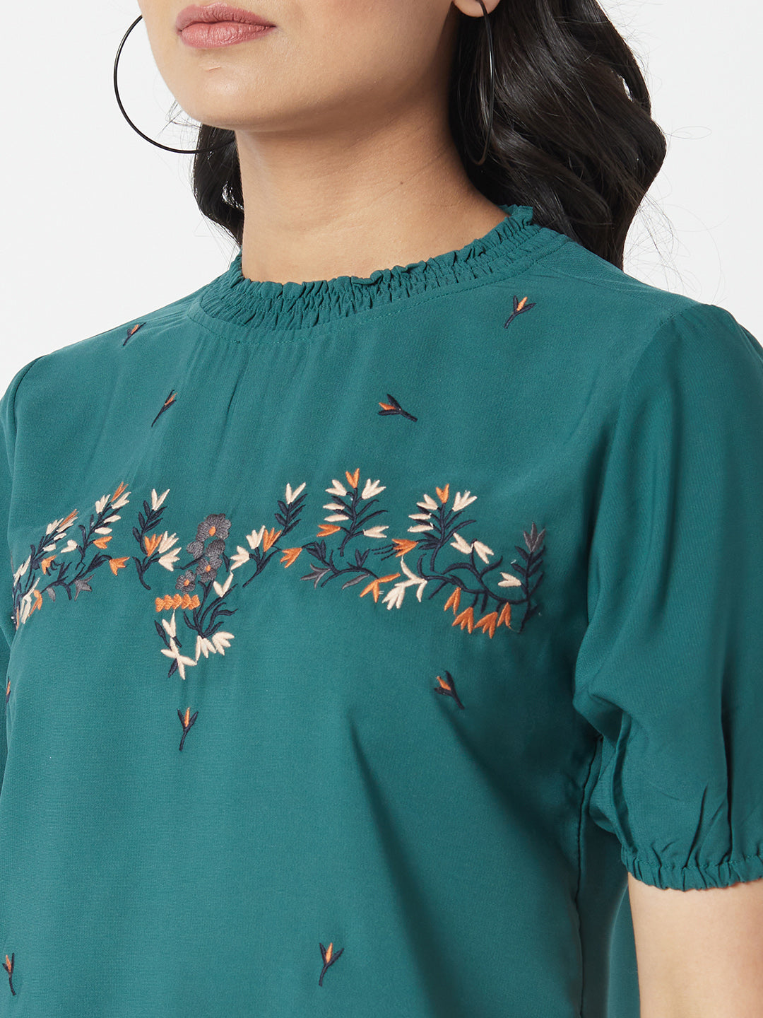 Green Round Neck Embroidered Top