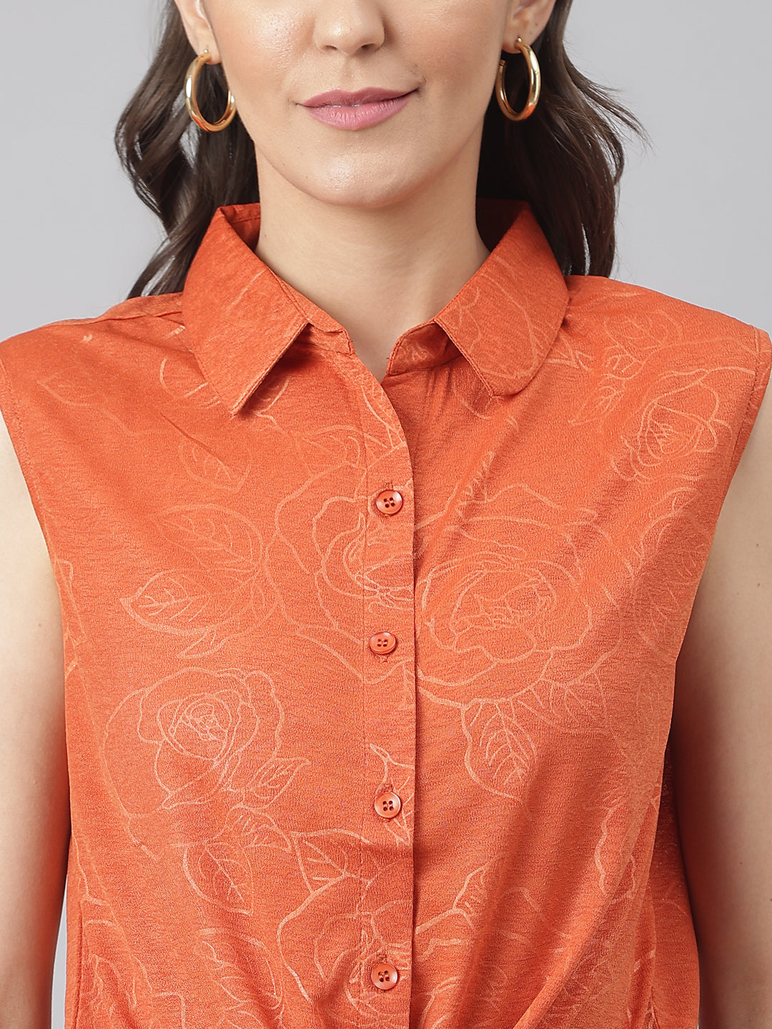 Rust Cotton Blend Self Printed Floral Front Buttoned Knotted Shirt Top