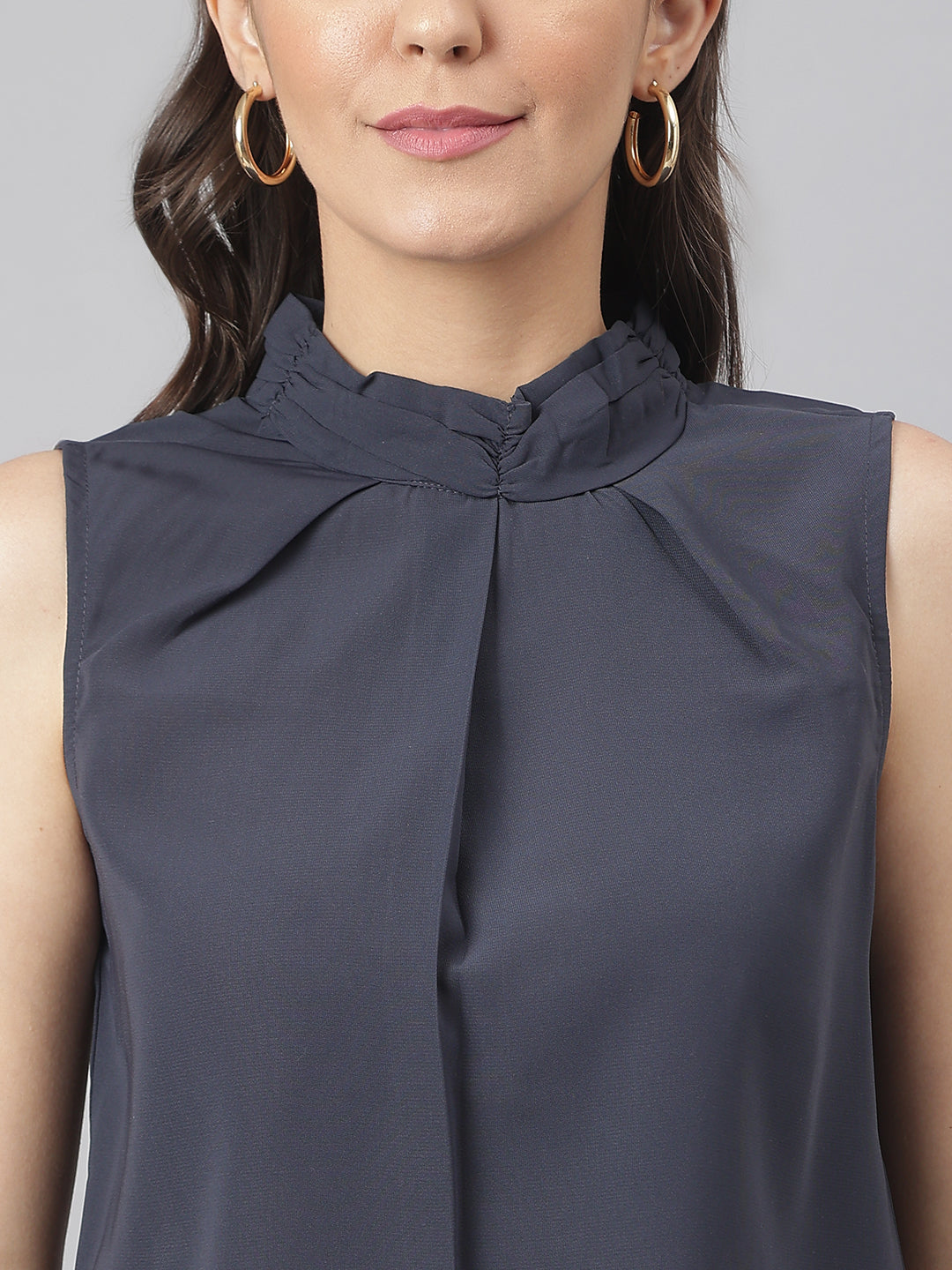 Navy Blue Gathered Neck Woven Top With Short Front & Long Back
