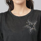 Black Round Neck Poly Blend Star Studded Knitted Top