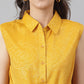 Mustard Cotton Blend Self Printed Floral Front Buttoned Knotted Shirt Top
