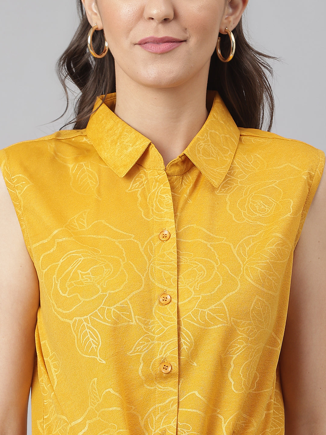 Mustard Cotton Blend Self Printed Floral Front Buttoned Knotted Shirt Top