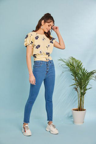 Lemon Floral Top With Elasticated Waist Band At Back For Perfect Fit