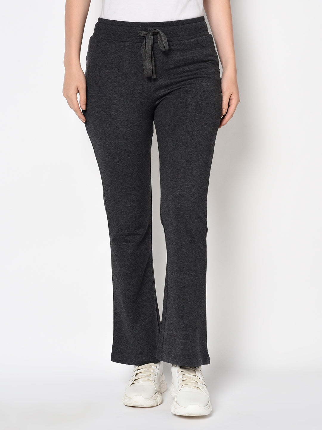 Grey Bell Bottomed Stretch Fabric Track Pant With Zipper Pockets